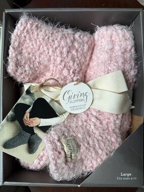 Demdaco Pink Fuzzy Giving Slippers with Cream Ribbon